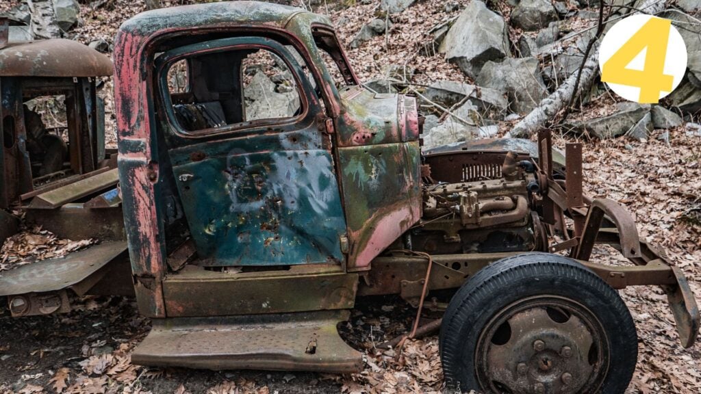 junk truck in a yard